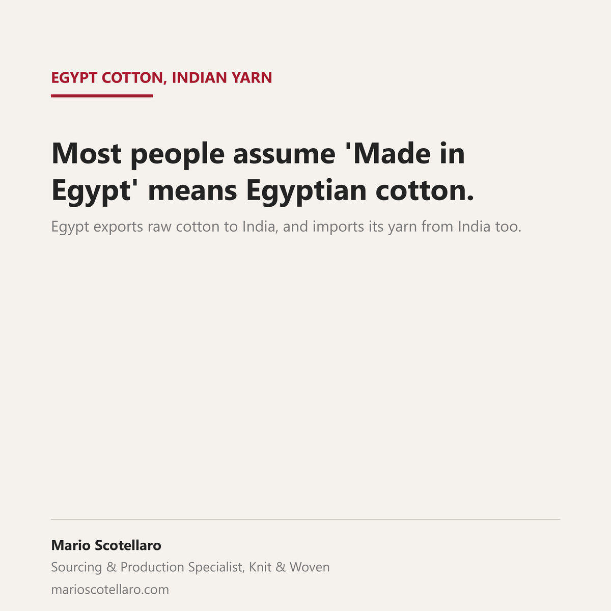Cover: most people assume Made in Egypt means Egyptian cotton, but Egypt exports raw cotton to India and imports its yarn from India too